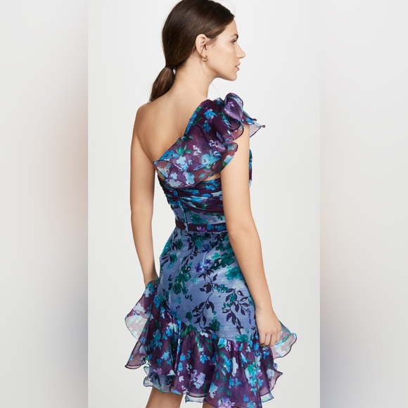 Marchesa Notte One Shoulder Colorblock Cocktail Dress In Blue - Picture 9 of 14
